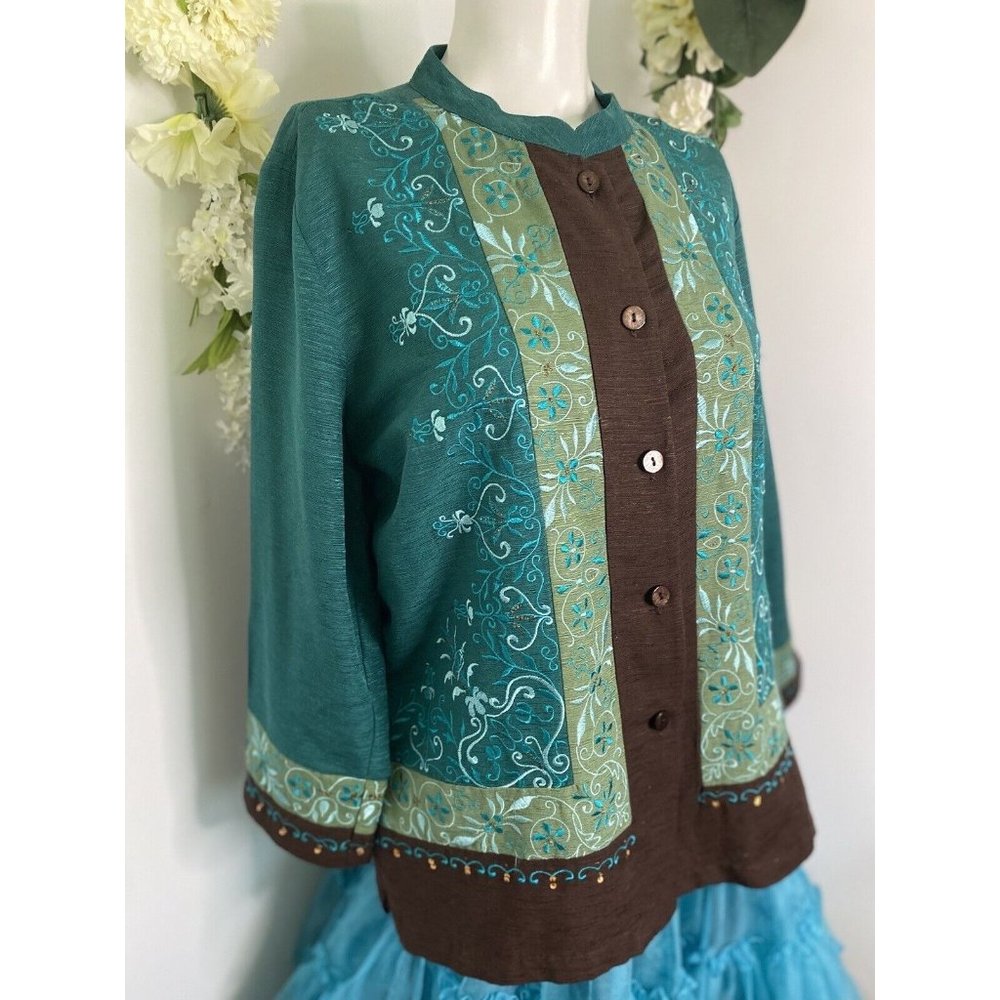 Erin London Womens L Silk Button Down Embroidered‎ Jacket Blazer Green Vintage